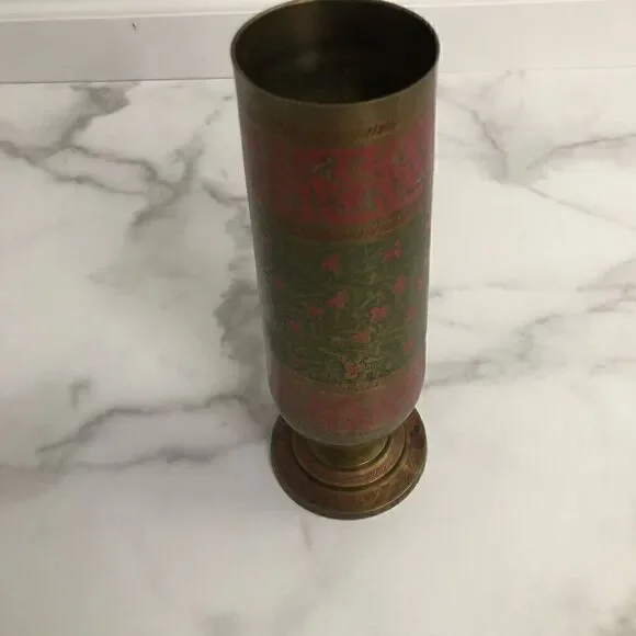 Vintage Etched Enamel Brass Footed Urn/Vase Red and Green Floral - Picture 4 of 10